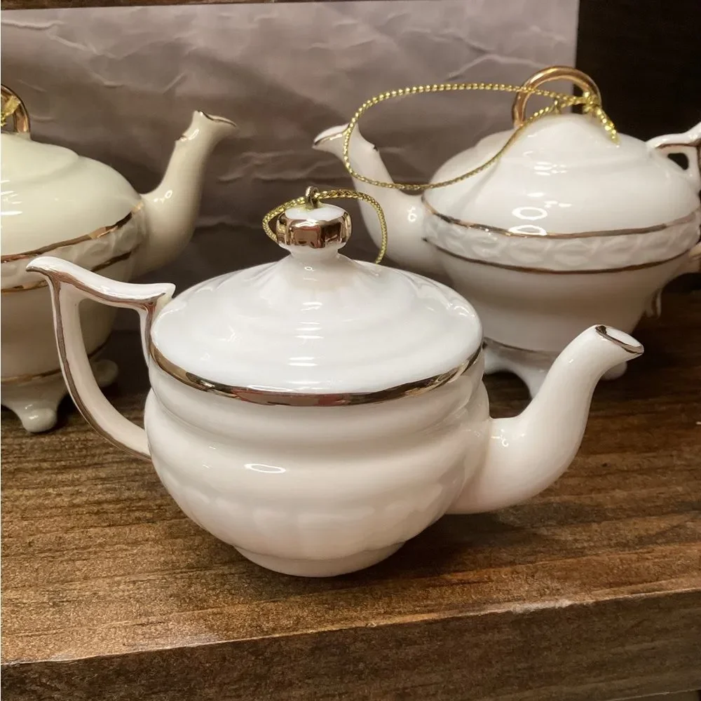 Mini Teapot Ornament Set 5 Porcelain Hanging Teapots Cream with Gold Trim